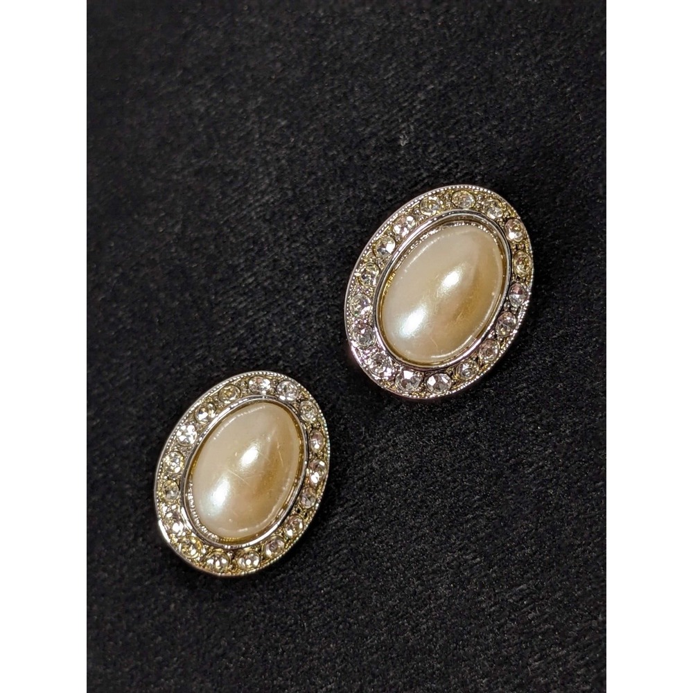 Kenneth Jay Lane KJL Silver Tone Faux‎ Pearl Cabochon Rhinestone Clip Earrings